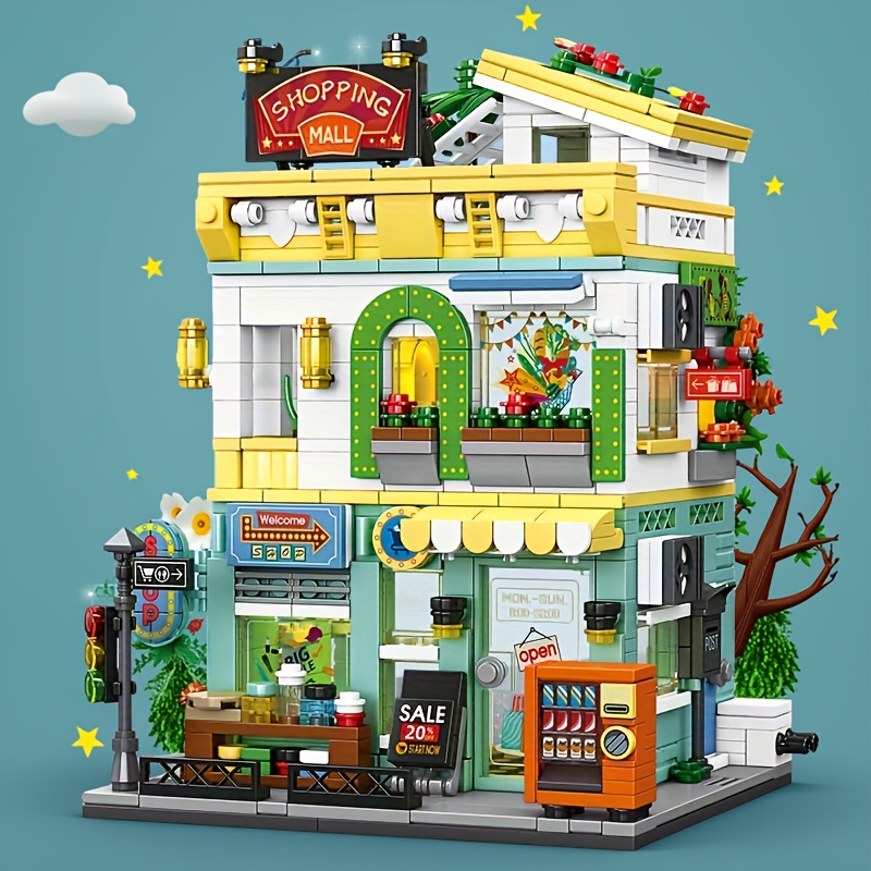 Model Kit Ikaruga - Stadtleben-Straßenszene Supermarkt Hotel Bausteine, Modulares Stadtgeschäft-Modell,
